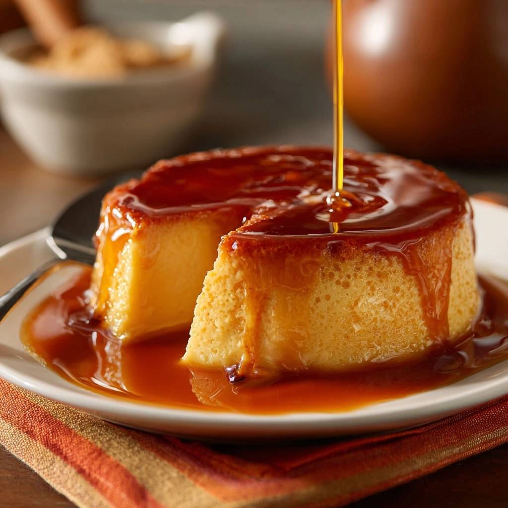 Crème Caramel mit fließender Karamellsauce, die über den angeschnittenen Kuchen gegossen wird.