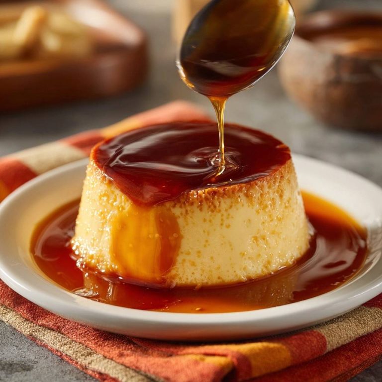 Crème Caramel mit flüssigem Karamell, das von einem Löffel über die Nachspeise gegossen wird.