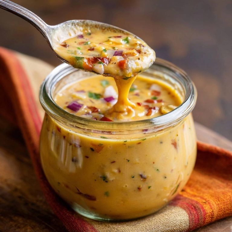 Cremiger Bacon-Tomaten-Käse-Dip wird mit einem Löffel aus einem Glas gehoben, der Käse zieht Fäden.