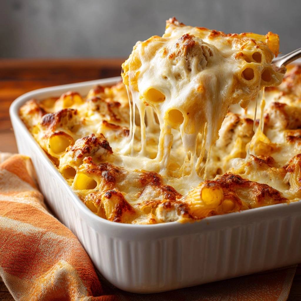Cremiger Hähnchen-Rigatoni-Auflauf mit viel geschmolzenem Käse, der beim Anheben Fäden zieht.