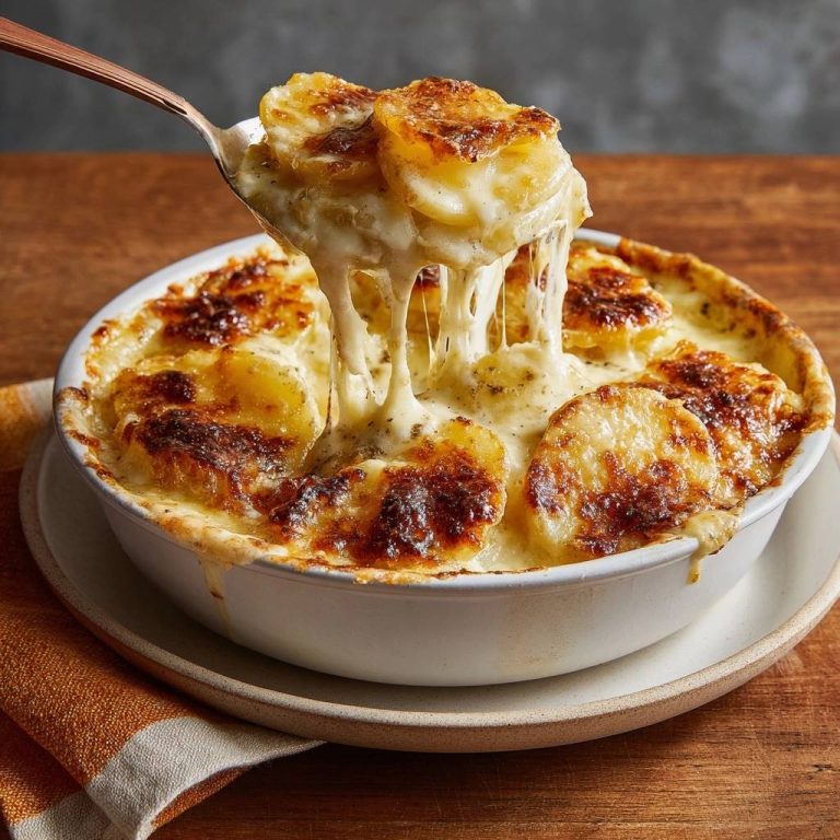Cremiges Kartoffelgratin, das von einem Löffel gezogen wird und dabei Fäden von geschmolzenem Käse zeigt.