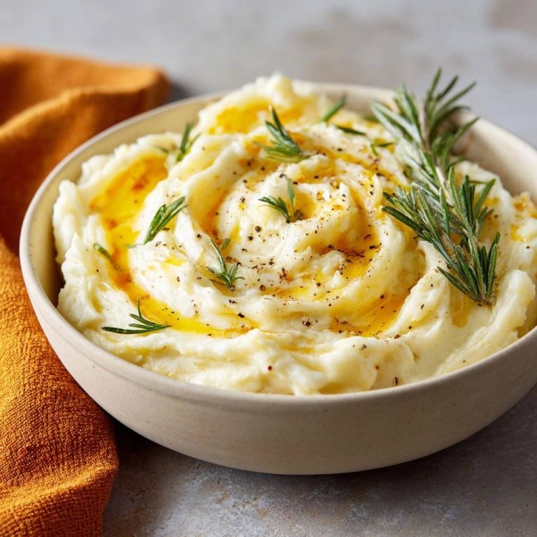 Cremiges Rosmarin-Kartoffelpüree, garniert mit Rosmarinzweigen und einem goldgelben Butter-Öl-Guss.