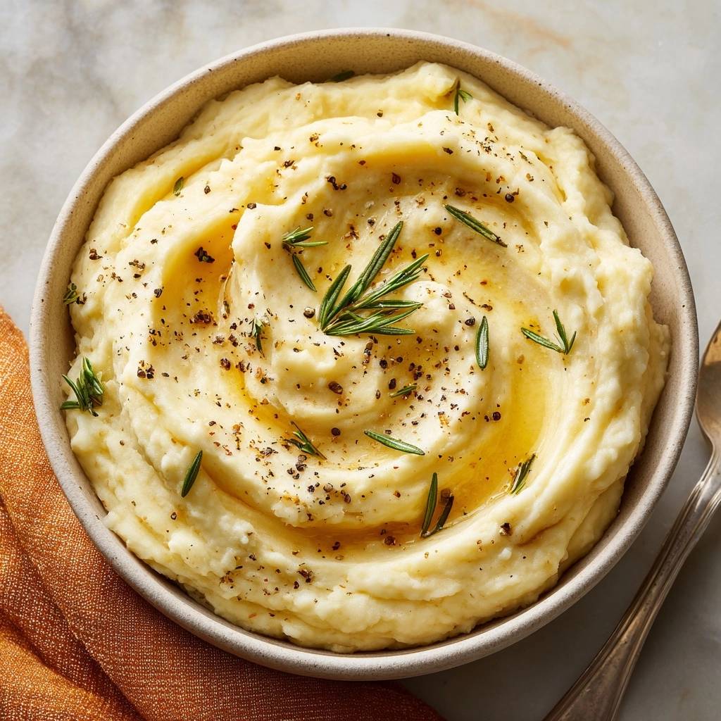 Cremiges Rosmarin-Kartoffelpüree, garniert mit frischem Rosmarin und schwarzem Pfeffer, in einer Schüssel serviert.