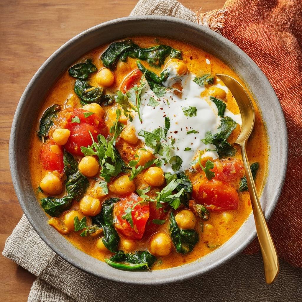 Cremiges Spinat-Kichererbsen-Curry mit einer cremigen Garnitur und frischen Kräutern, serviert in einer Schüssel.
