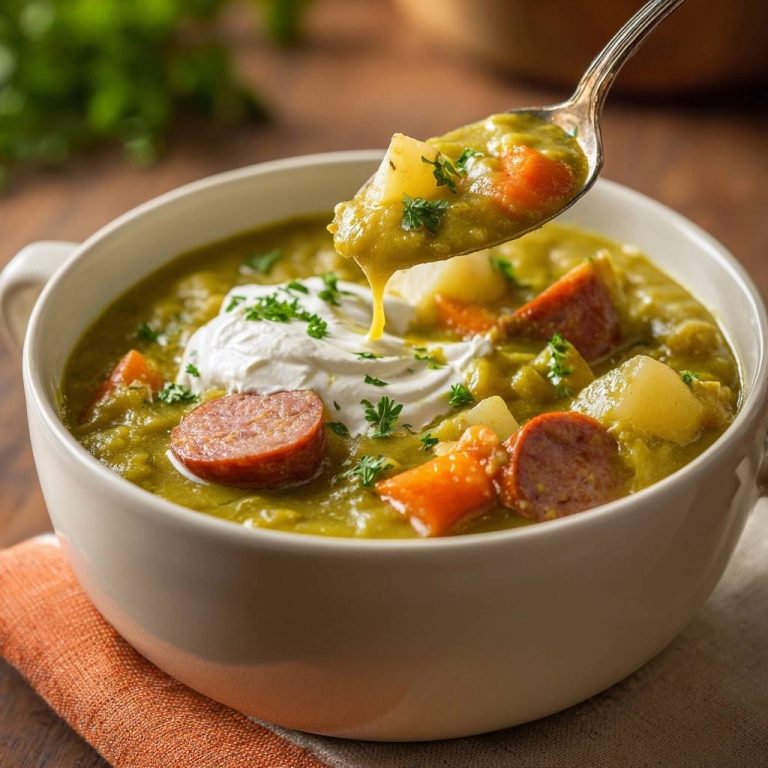 Cremige Erbsensuppe mit Wurst und Kartoffeln, mit einem Löffel voll Suppe mit Sahnetupfer und Kräutern.