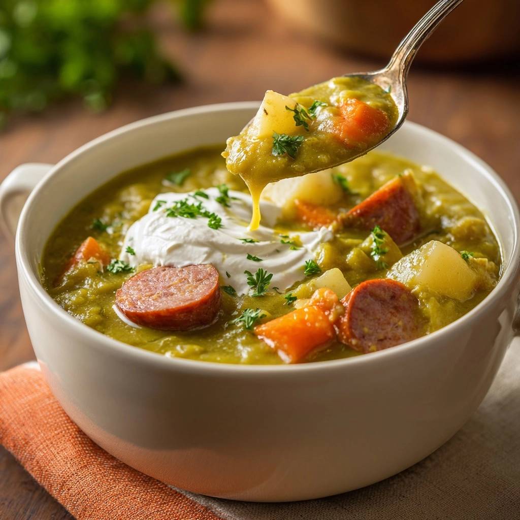 Cremige Erbsensuppe mit Wurst und Kartoffeln, mit einem Löffel voll Suppe mit Sahnetupfer und Kräutern.