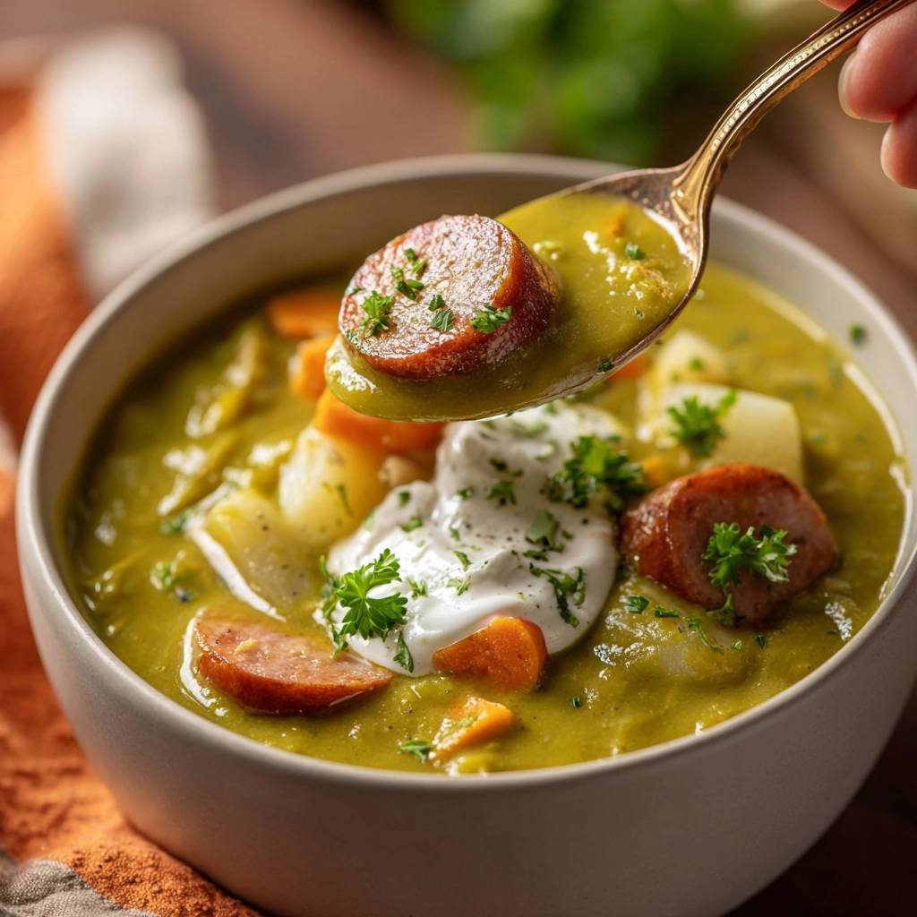 Cremige Erbsensuppe mit Wurst und Kartoffeln, ein Löffel mit einer Scheibe Wurst als Nahaufnahme, garniert mit Petersilie.