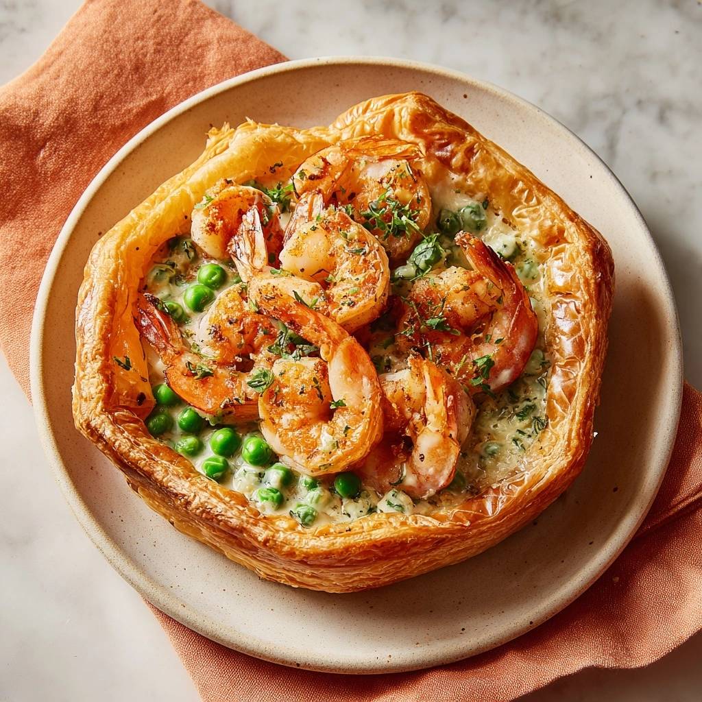 Cremige Garnelen-Erbsen-Tartelettes auf einem Teller, Nahaufnahme der Füllung mit Garnelen und Erbsen im Blätterteig.