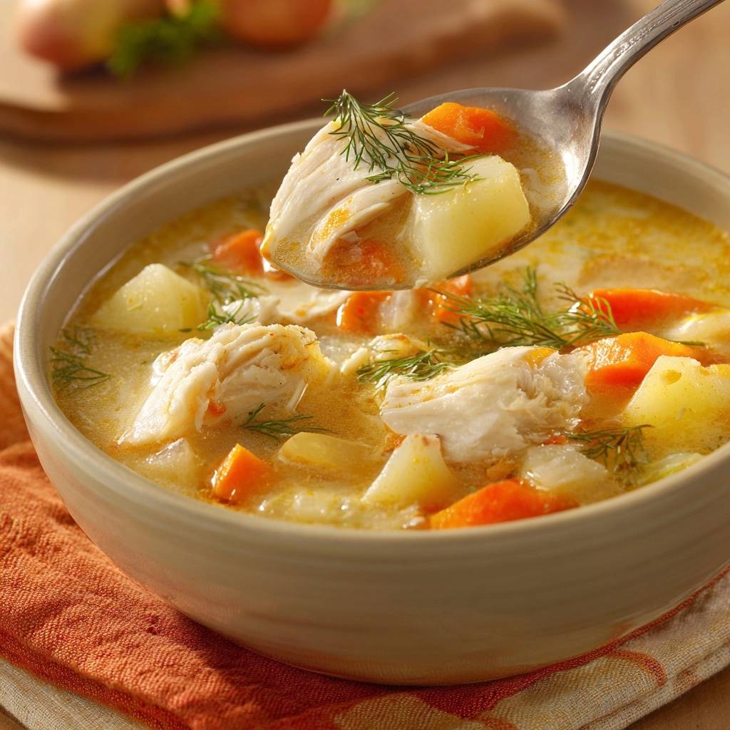 Cremige Hühner-Kartoffelsuppe mit Dill, nah aufgenommen mit einem Löffel voller Suppe und Hühnchenstücken.