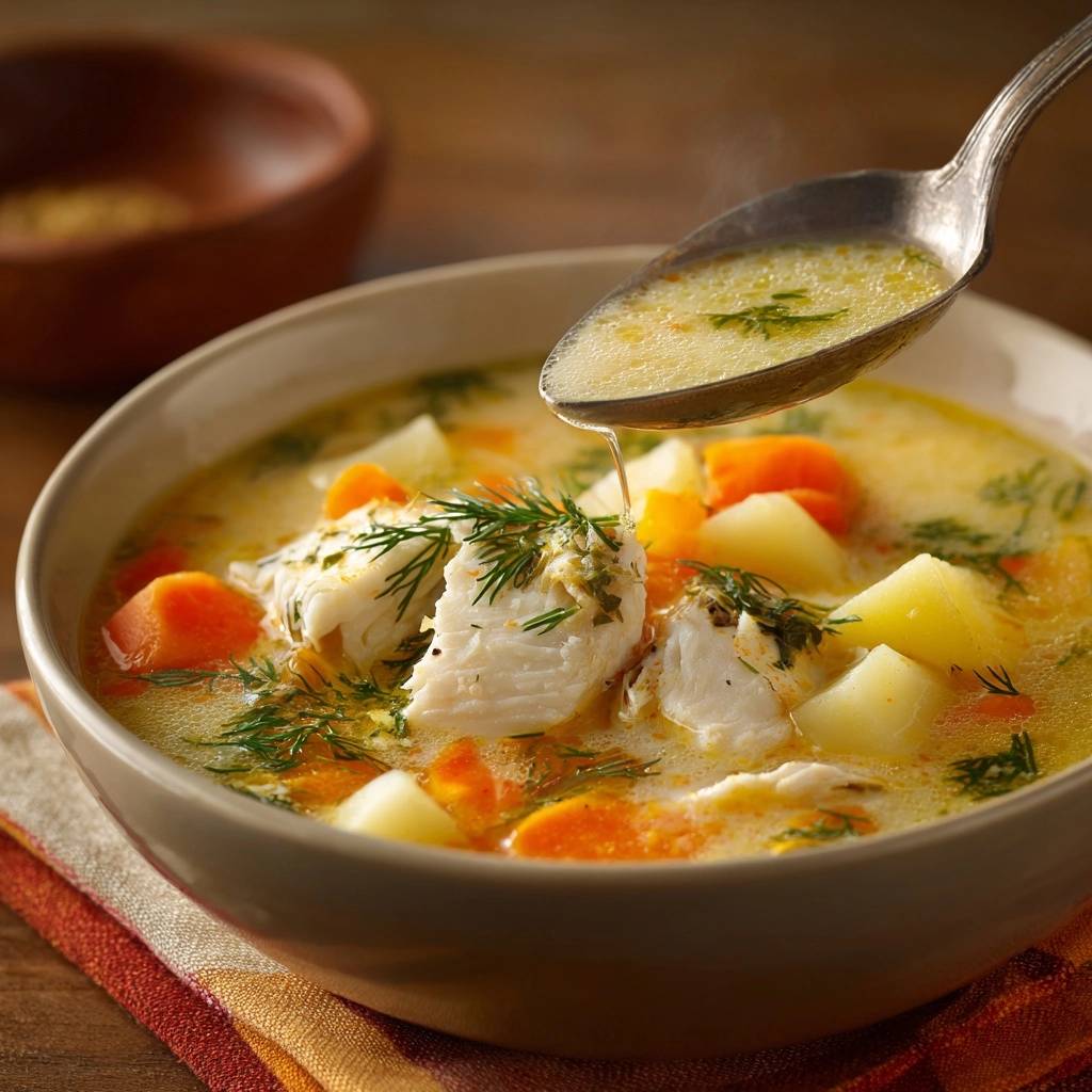 Cremige Hühner-Kartoffelsuppe mit Dill, die von einem Löffel über der Schüssel abgeschöpft wird, mit dampfenden Aromen.