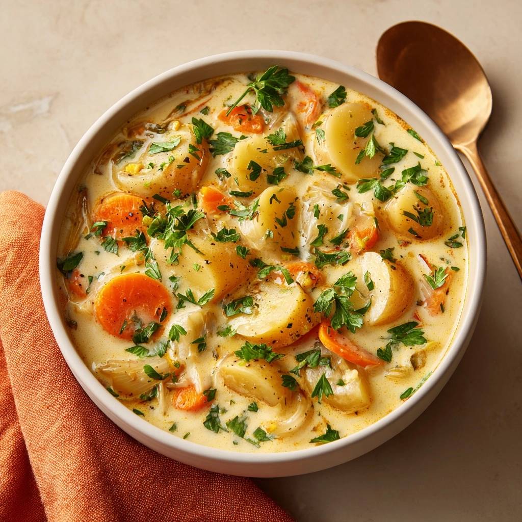 Cremige Kartoffel-Mais-Suppe mit Karotten, eine Nahaufnahme der reichhaltigen Suppe mit Kartoffelscheiben, Karottenstücken und frischer Petersilie, die in einer Schüssel serviert wird.