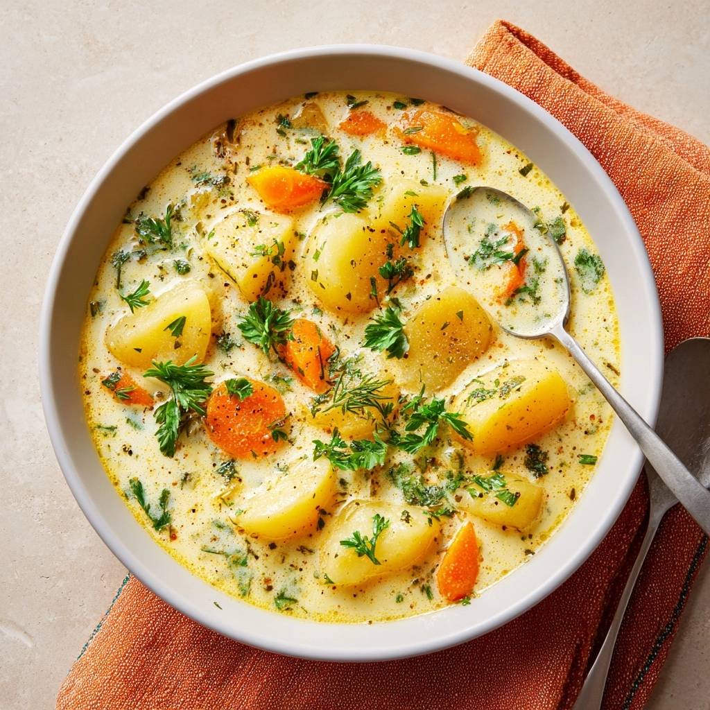 Cremige Kartoffel-Mais-Suppe mit Karotten, serviert in einem grauen Teller mit frischer Petersilie und einer Serviette.