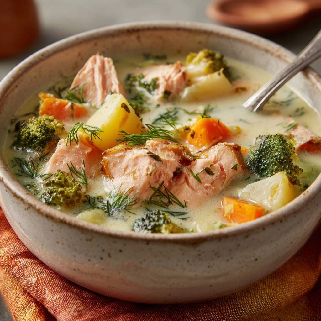 Cremige Lachs-Gemüsesuppe in einer rustikalen Schale mit Lachs, Kartoffeln und Brokkoli, Nahaufnahme.