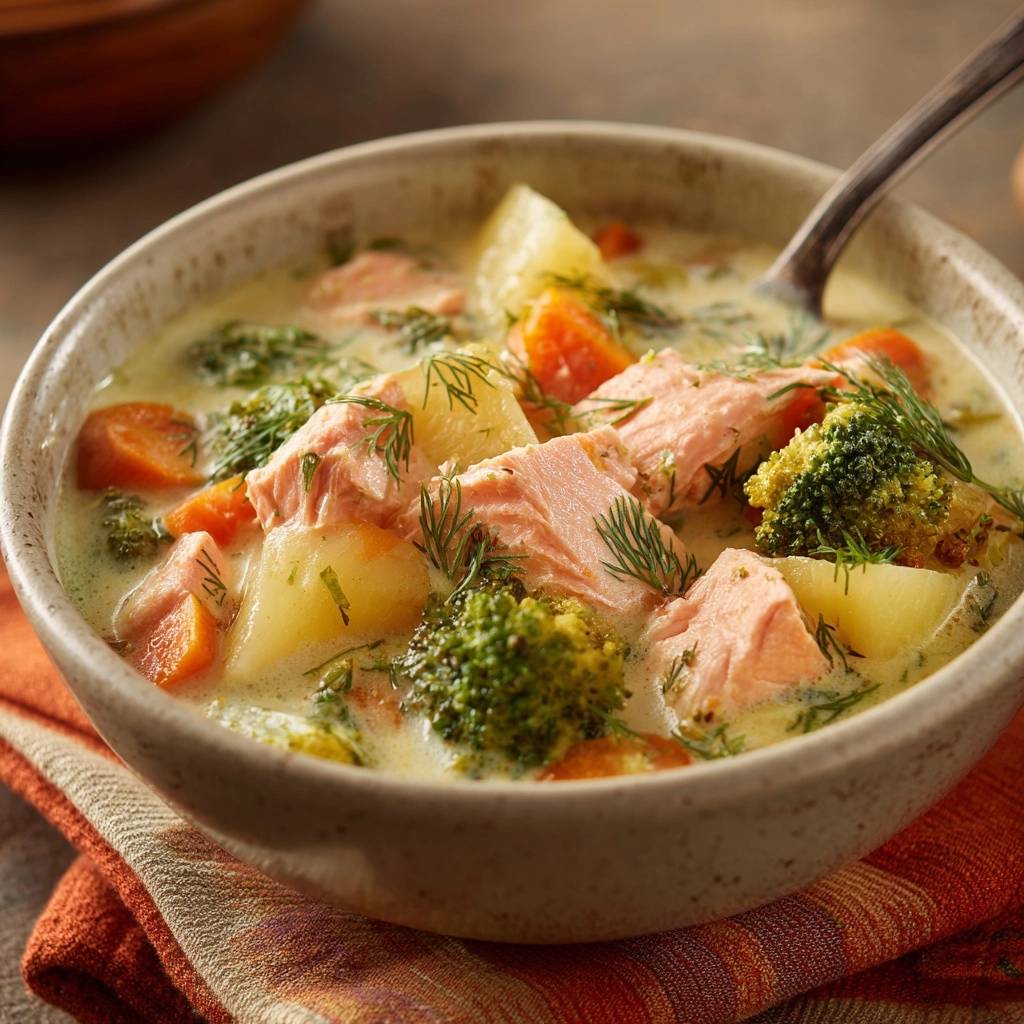 Cremige Lachs-Gemüsesuppe mit Lachs, Kartoffeln und Brokkoli in einer Schüssel, nahaufnahme
