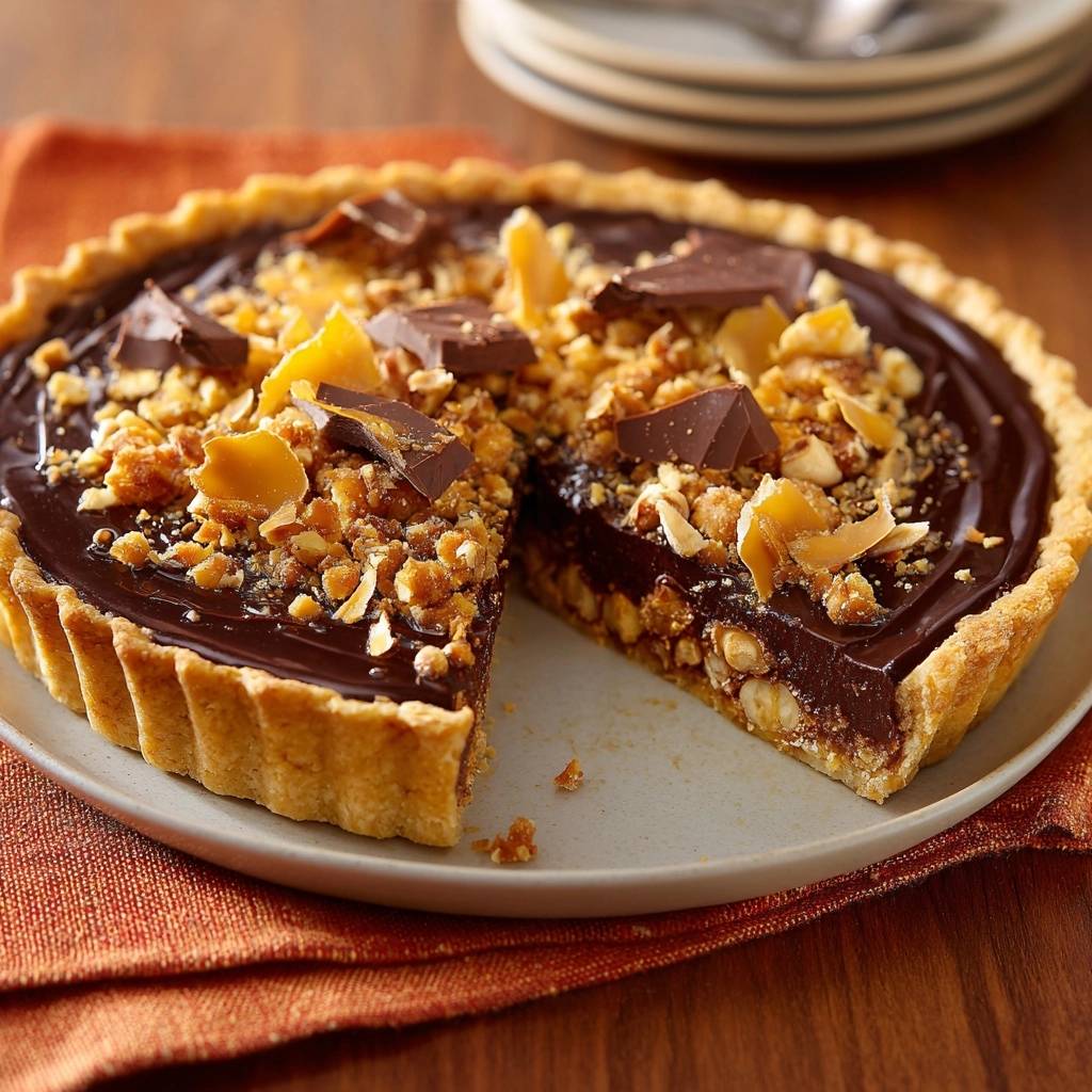 Cremige Schokoladen-Nuss-Tarte mit knusprigem Boden, angeschnitten und mit Schokoladenstücken und Nüssen garniert.