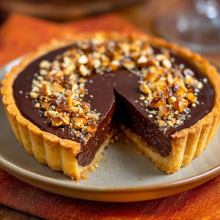 Cremige Schokoladen-Nuss-Tarte mit knusprigem Boden, angeschnitten, zeigt das reichhaltige Schokoladeninnere und Nüsse.