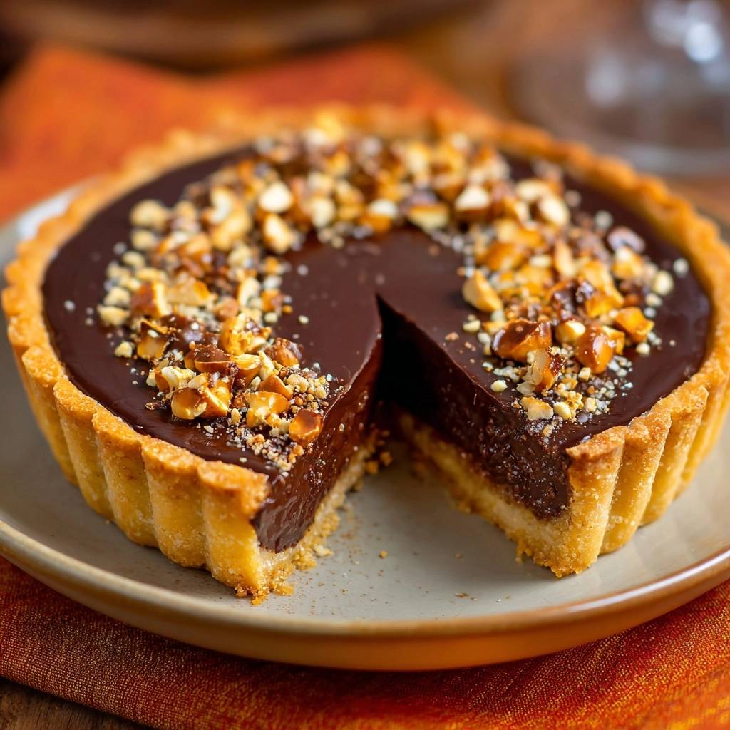 Cremige Schokoladen-Nuss-Tarte mit knusprigem Boden, angeschnitten, zeigt das reichhaltige Schokoladeninnere und Nüsse.