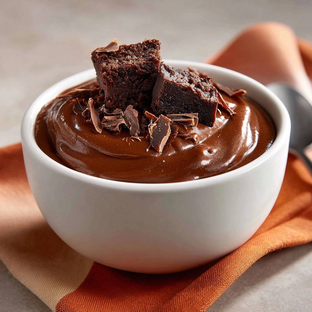 Cremige Schokoladenmousse mit knusprigen Krümeln, garniert mit Brownie-Stücken und Schokoladenspänen in einer weißen Schüssel.