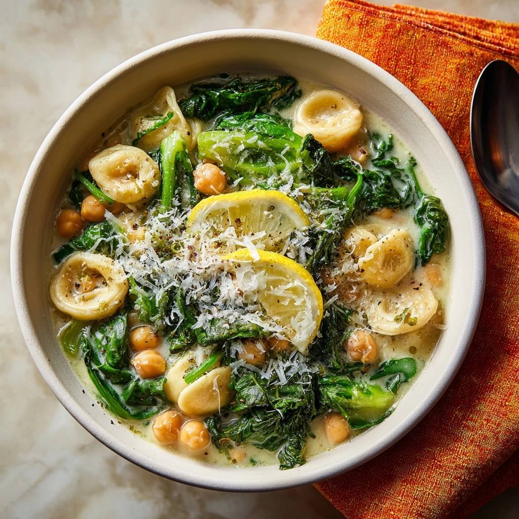 Cremige Spinat-Orecchiette mit Kichererbsen, garniert mit Zitronenscheiben und geriebenem Parmesan, in einer Schüssel serviert.
