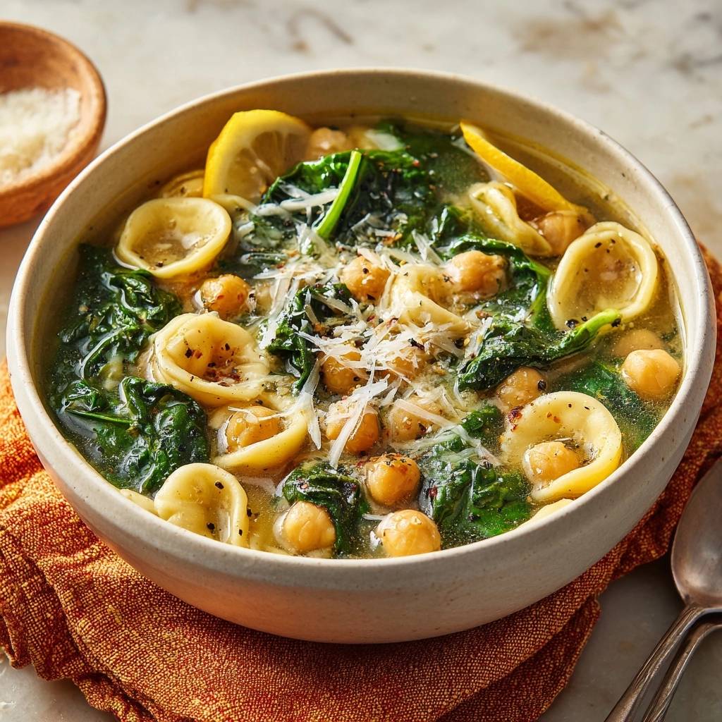 Cremige Spinat-Orecchiette mit Kichererbsen, serviert in einer Schüssel mit geriebenem Parmesan und Zitronenspalten.