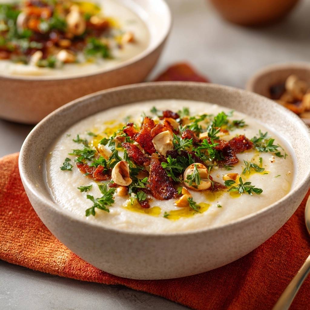 Cremiger Kichererbsen-Hummus mit knusprigem Speck, garniert mit frischer Petersilie und Nüssen.