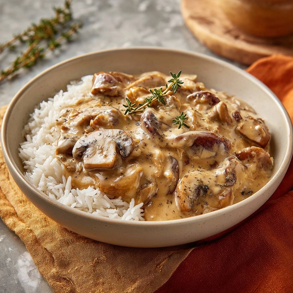 Cremiges Champignon-Ragout mit Reis als Nahaufnahme garniert mit frischem Thymian, serviert in einer Schüssel.