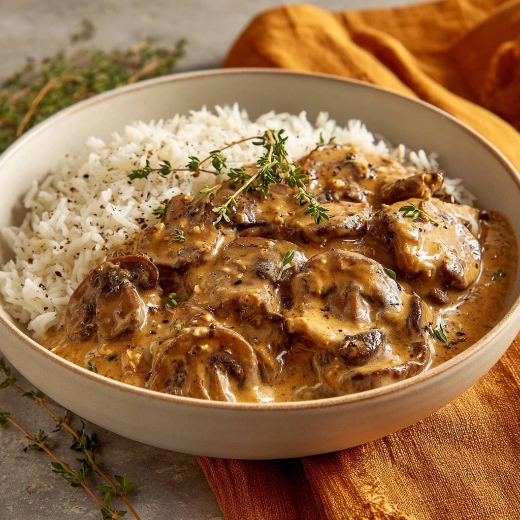 Cremiges Champignon-Ragout mit Reis, eine Nahaufnahme des reichhaltigen Gerichts mit frischen Kräutern garniert.