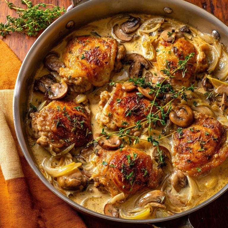 Cremiges Hähnchen mit Champignons und Lauch, von oben in einer Pfanne mit knuspriger Haut und Thymian garniert.
