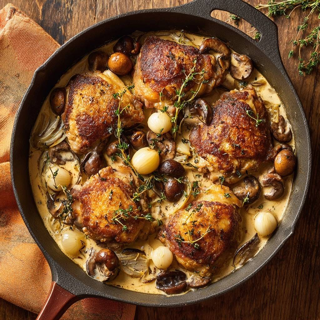 Cremiges Hähnchen mit Champignons und Lauch in einer Pfanne von oben, mit knuspriger Haut und frischen Kräutern garniert.