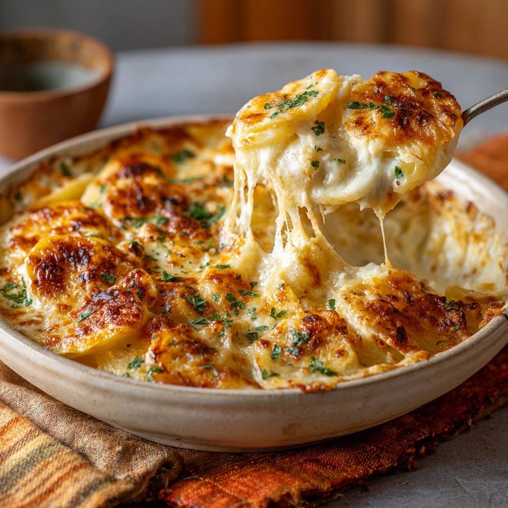 Cremiges Kartoffelgratin mit geschmolzenem Käse, das von einer Löffelportion heruntergezogen wird.