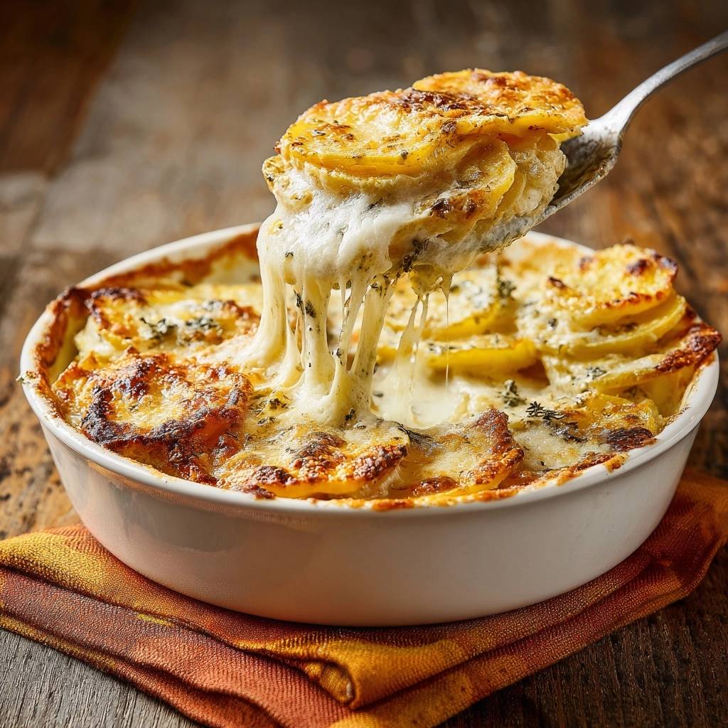 Cremiges Kartoffelgratin mit perfekt geschmolzenem Käse, der Fäden zieht, aus einer Auflaufform serviert.