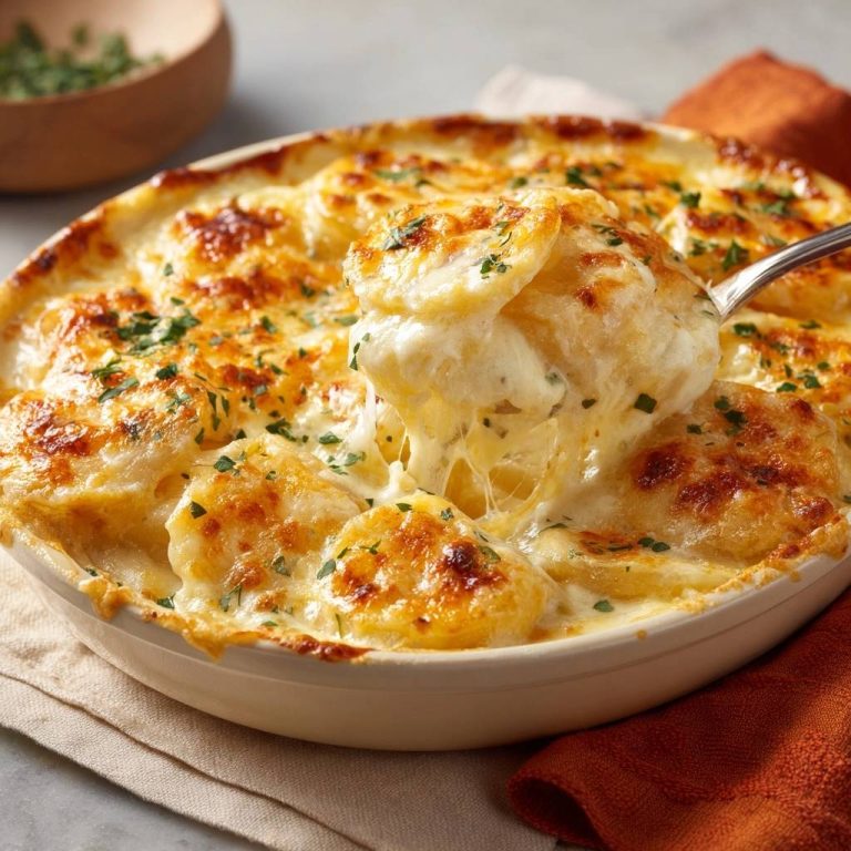Cremiges Kartoffelgratin, das mit einem Löffel aus der Auflaufform geschöpft wird, zeigt geschmolzenen Käse.