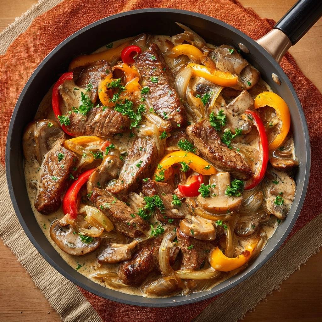 Cremiges Rindfleisch mit Paprika und Champignons in einer Pfanne von oben fotografiert, garniert mit Petersilie.