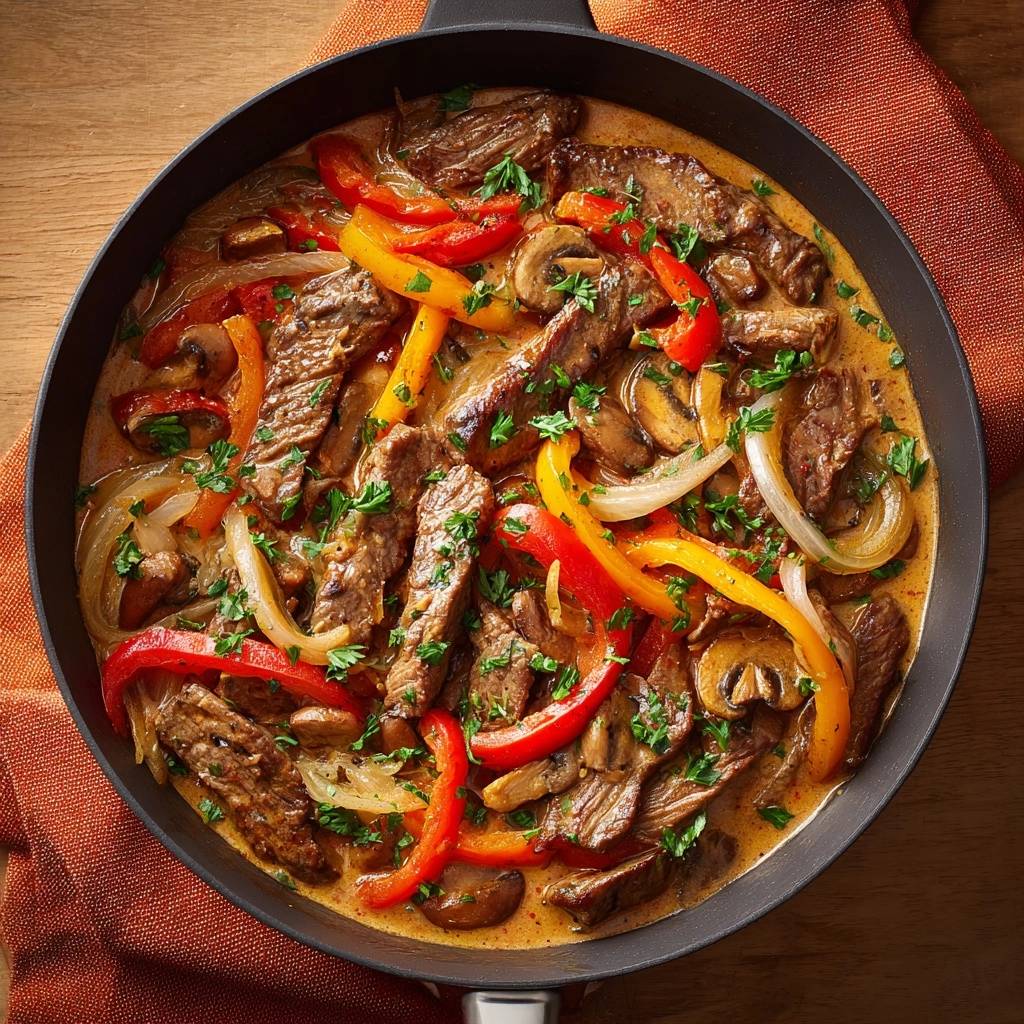 Cremiges Rindfleisch mit Paprika und Champignons, eine warme Mahlzeit in einer Pfanne von oben betrachtet mit frischer Petersilie garniert.