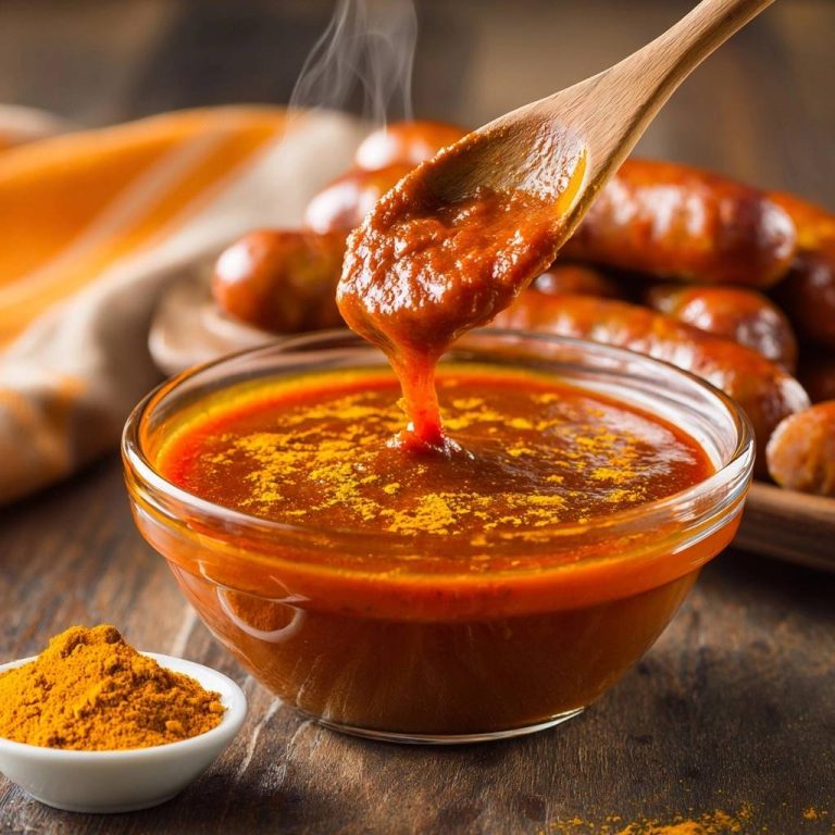 Currywurst mit cremiger Haussoße, wobei ein Holzlöffel die Soße tropfen lässt.