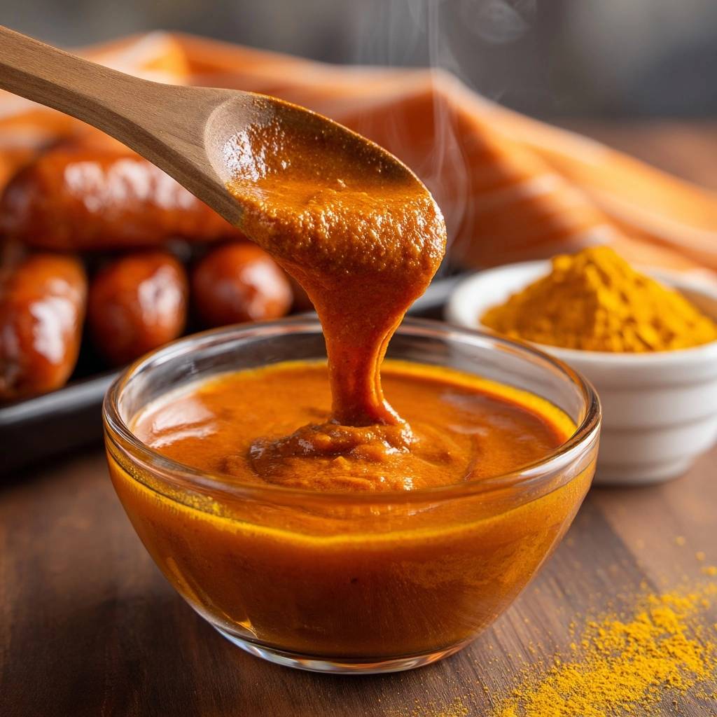 Currywurst mit cremiger Haussoße, die von einem Holzlöffel in eine Schüssel gegossen wird, dampfend und servierfertig.
