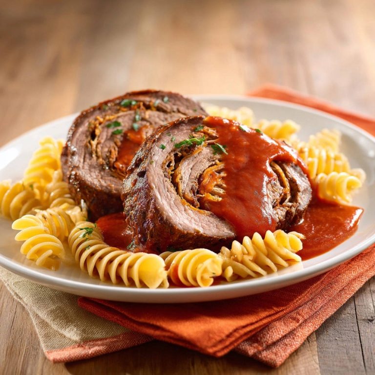 Deftige Rinderrouladen mit Fusilli, angeschnitten und mit Sauce serviert, zeigen die zarte Füllung und sind von der Seite aufgenommen.