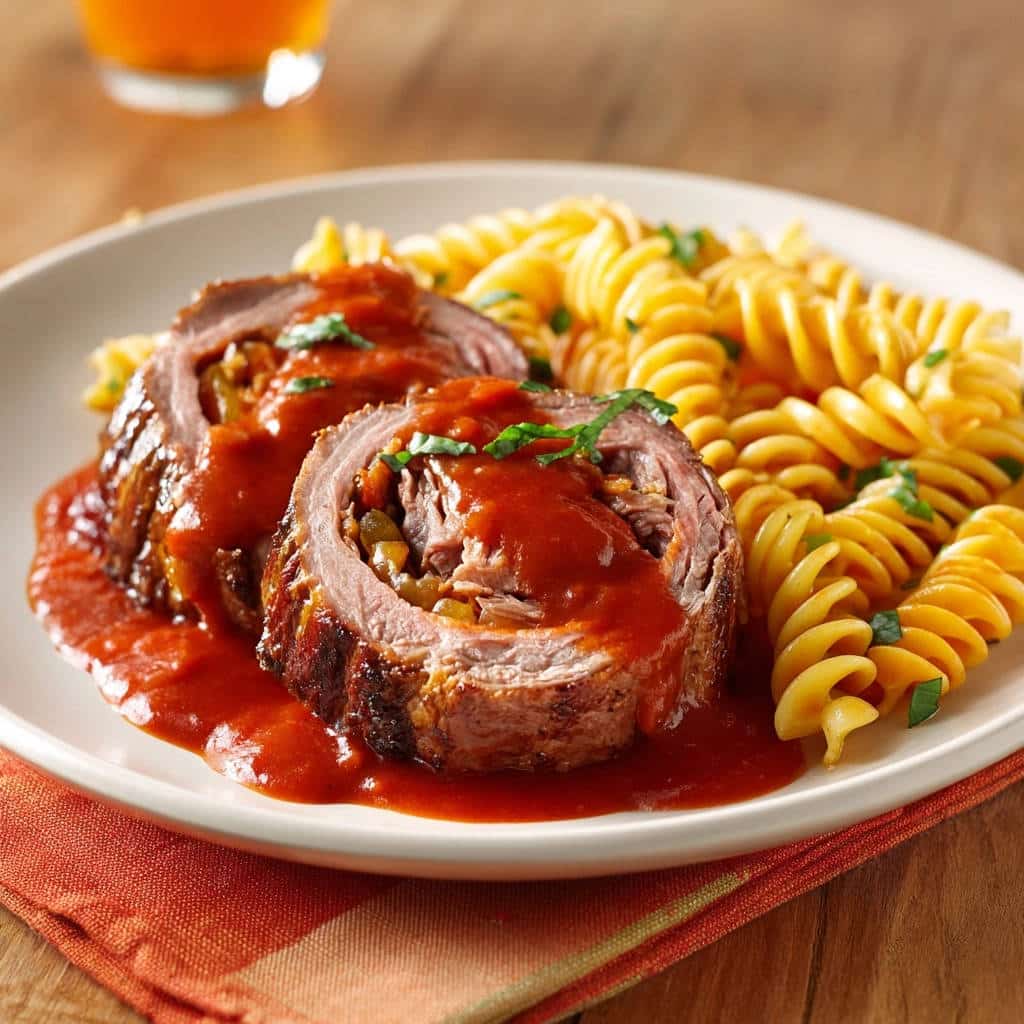 Deftige Rinderrouladen mit Fusilli, angeschnitten und mit Sauce übergossen, daneben eine Portion Fusilli-Nudeln.
