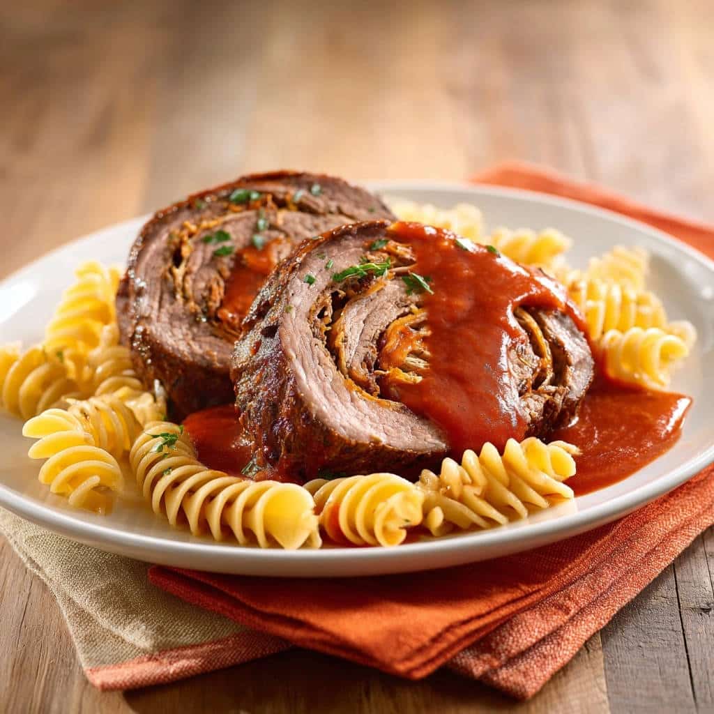 Deftige Rinderrouladen mit Fusilli, angeschnitten und mit Sauce serviert, zeigen die zarte Füllung und sind von der Seite aufgenommen.