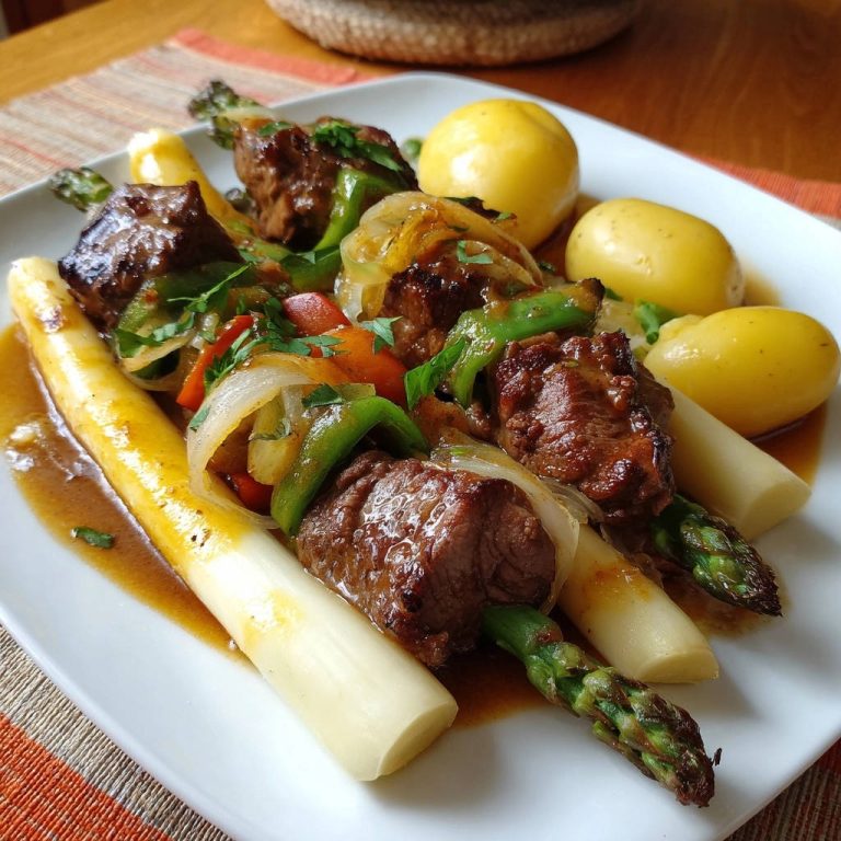 Deftige Spieße mit zweierlei Spargel und Kartoffeln, nahaufnahme der saftigen Fleischspieße mit grünem und weißem Spargel und Kartoffeln auf einem Teller.