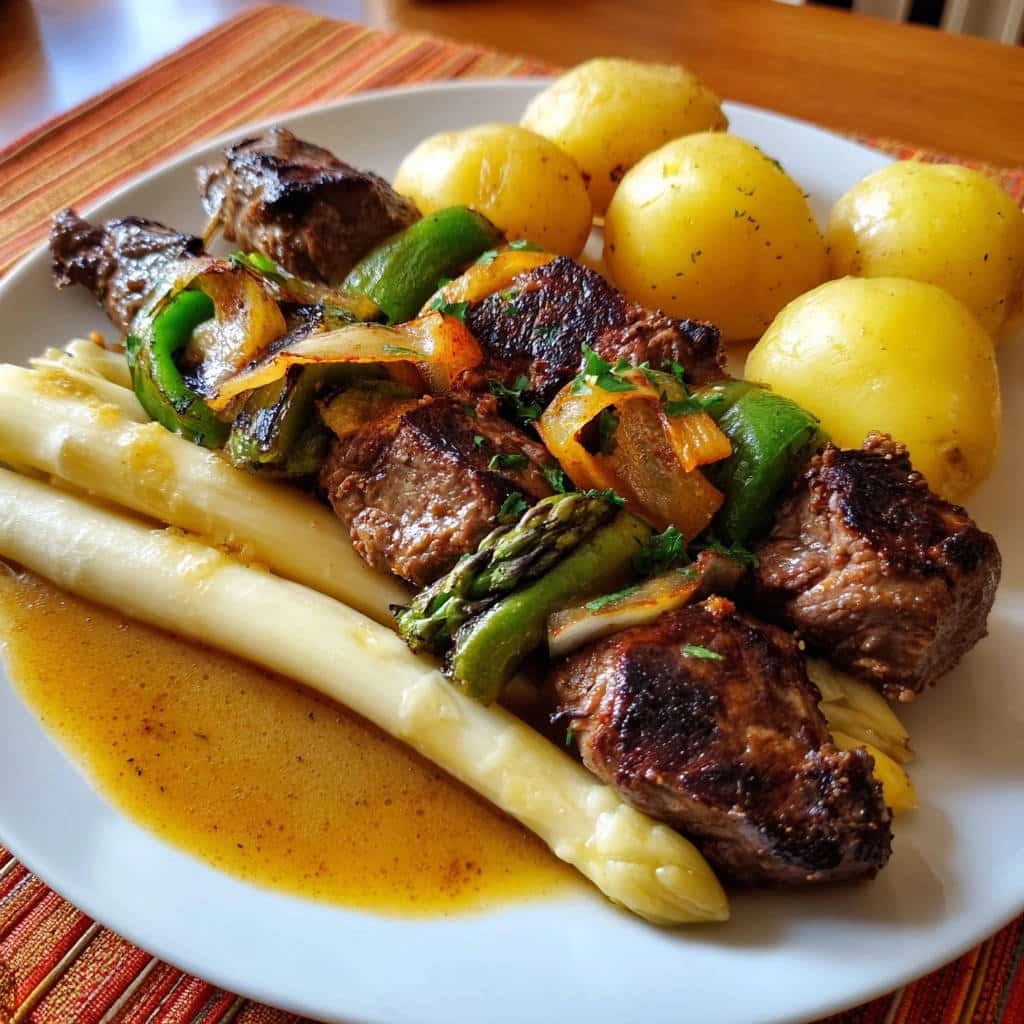 Deftige Spieße mit zweierlei Spargel und Kartoffeln, nahaufnahme der saftigen Fleischspieße mit gegrilltem Gemüse und Spargel.