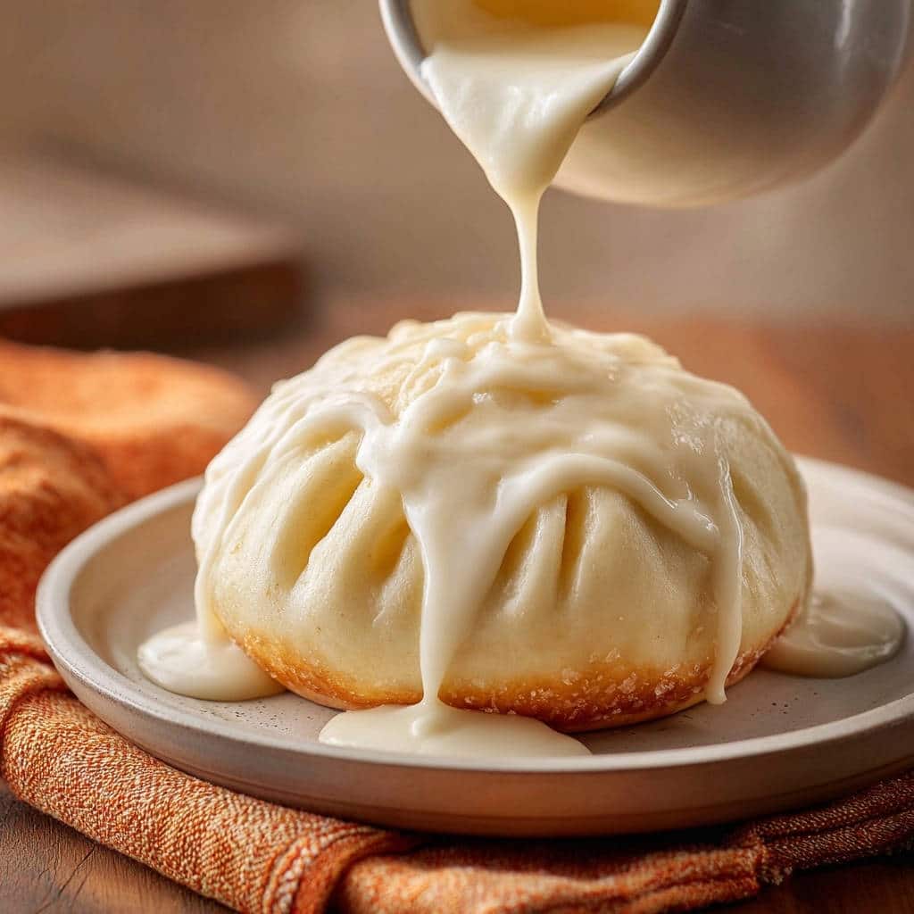Flauschige Bao-Brötchen mit cremiger Soße, die von oben über das Gebäck gegossen wird.