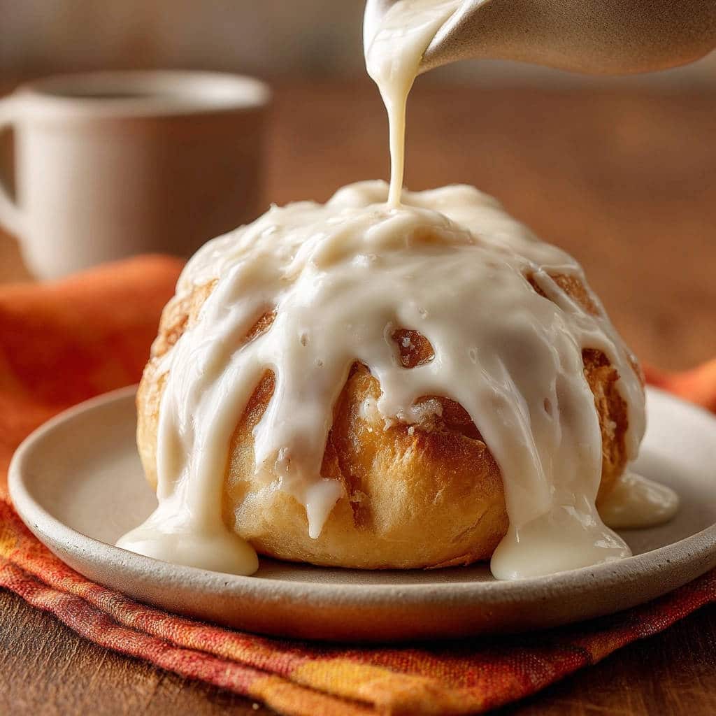 Flaumige Bao-Brötchen mit cremiger Soße, die über das Gebäck gegossen wird, mit einer Tasse im Hintergrund.