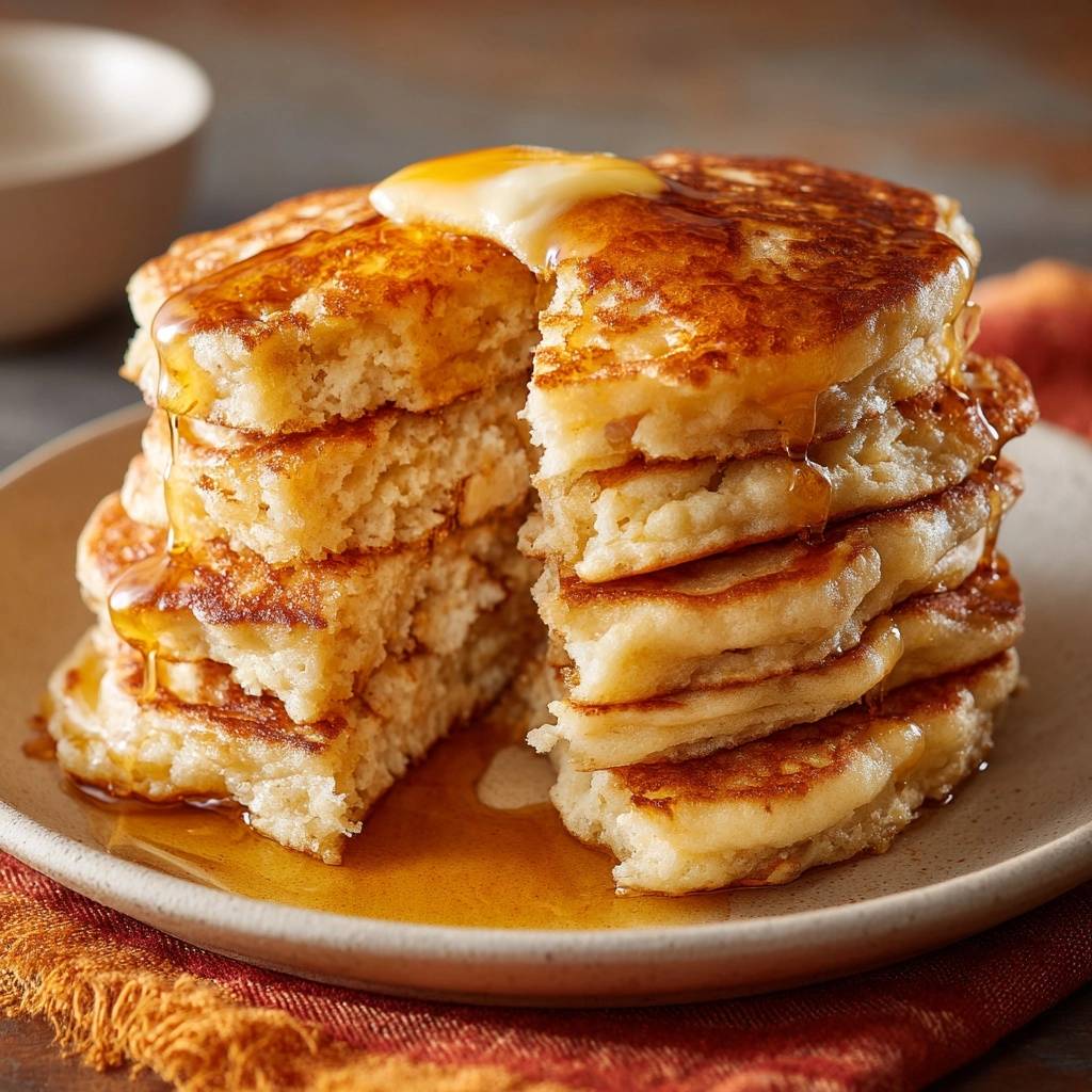 Fluffige amerikanische Pancakes angeschnitten mit Butter und Ahornsirup auf einem Teller gestapelt