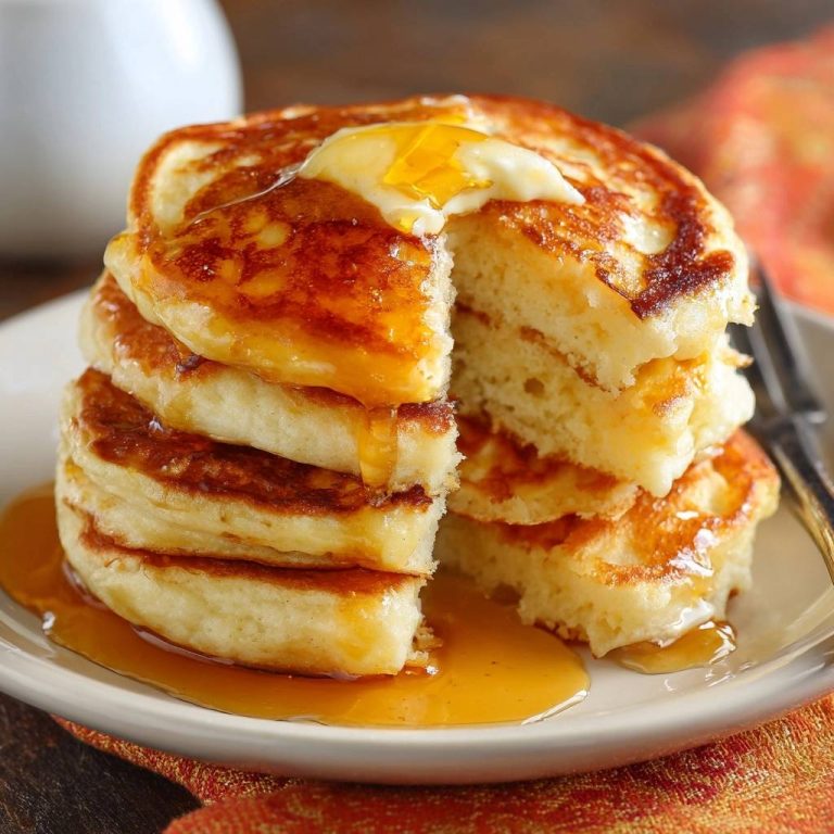 Fluffige amerikanische Pancakes angeschnitten mit Butter und Ahornsirup auf einem Teller, nahaufnahme