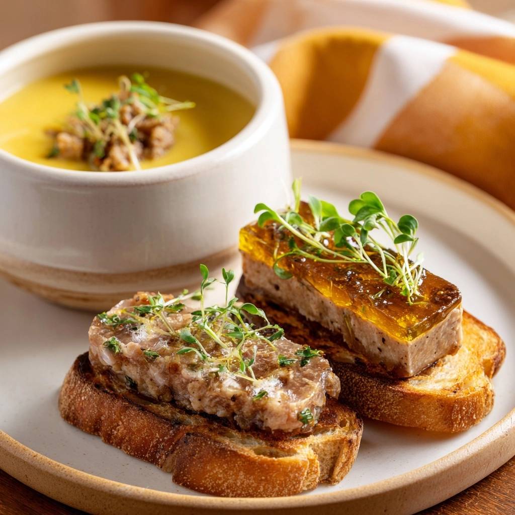 Gebratene Leberwurst-Crostini mit dunklem Dip, serviert auf geröstetem Brot und garniert mit frischen Sprossen.