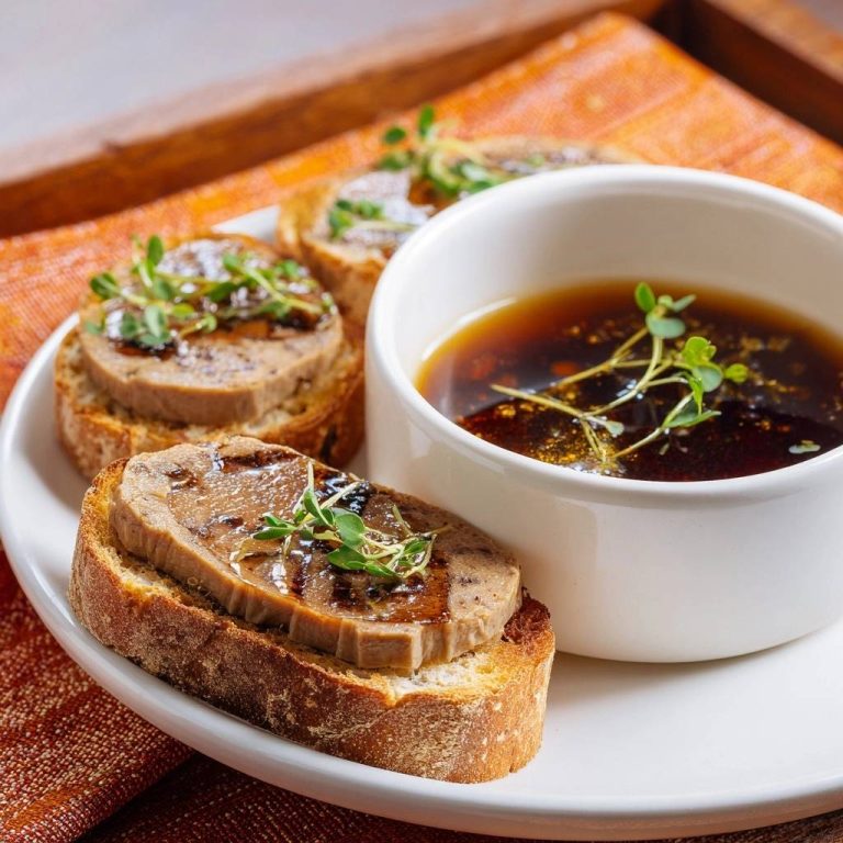 Gebratene Leberwurst-Crostini mit dunklem Dip, eine Nahaufnahme zeigt die belegte Brotscheibe mit Garnitur und die Schale mit Dip.