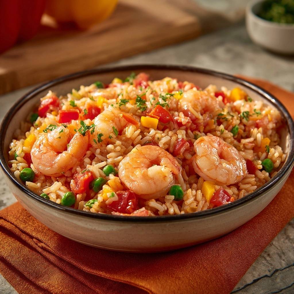 Gebratener Reis mit Garnelen, Paprika und Erbsen, eine Nahaufnahme der Garnelen und des Reises in einer Schüssel.