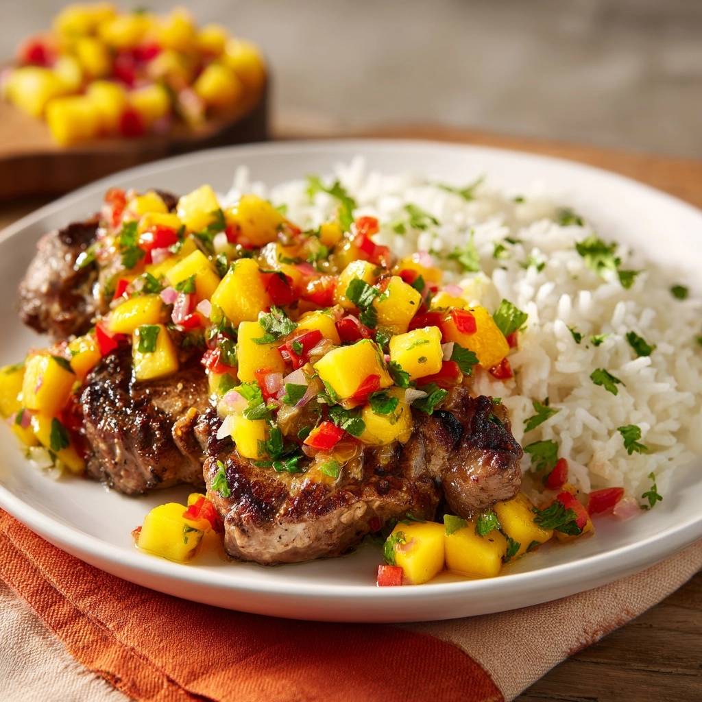 Gegrilltes Rindersteak mit Mango-Paprika-Salsa zu Reis, serviert auf einem weißen Teller mit einer Portion Reis daneben.