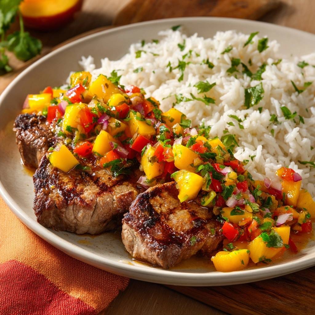 Gegrilltes Rindersteak mit Mango-Paprika-Salsa zu Reis, serviert auf einem Teller mit einer Nahaufnahme der Salsa und des Reises.